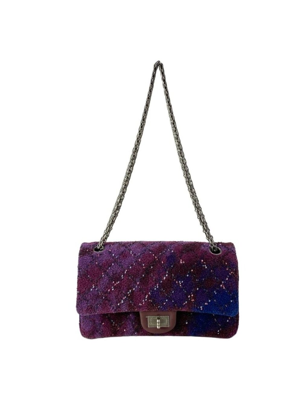Chanel Shoulder Bag 2.55 Double Flap Quilted Purple Bordeaux Navy Wool Lambskin